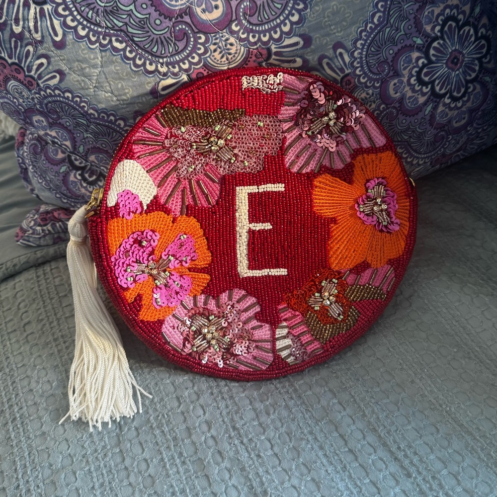 Anthropologie Red Beaded Initial Circle Clutch (E)